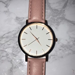 Pink stainless steel synthetic leather watch